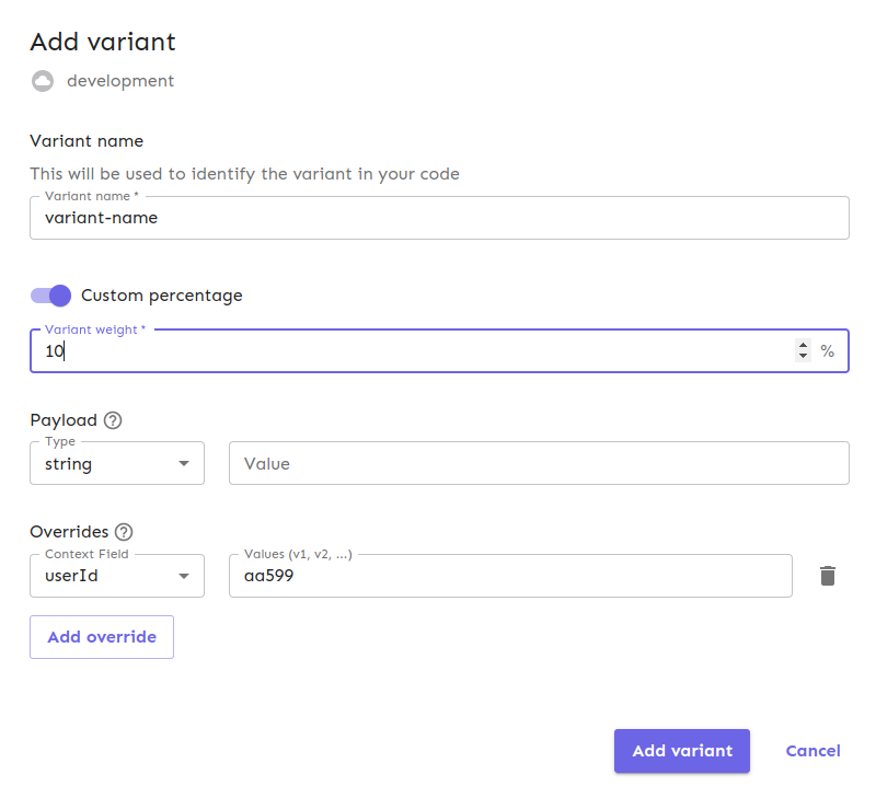 A form for adding new variants. It has fields for name, weight, payload, and overrides.